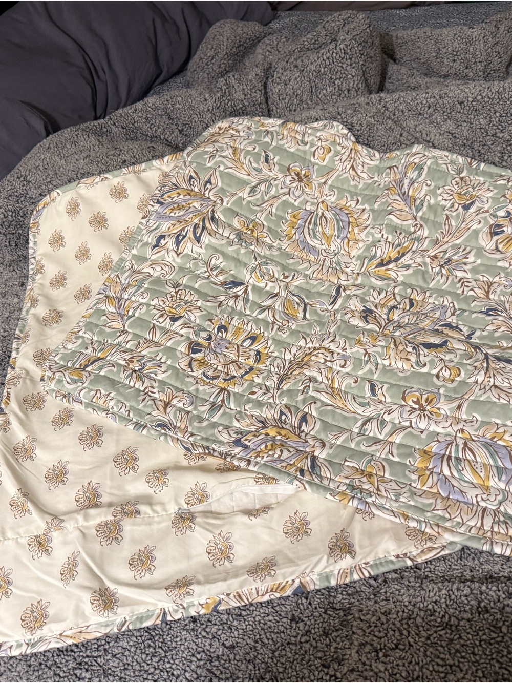 Nicole Miller Reversible Floral Quilted Pillow Shams - Sage and Cream - standard